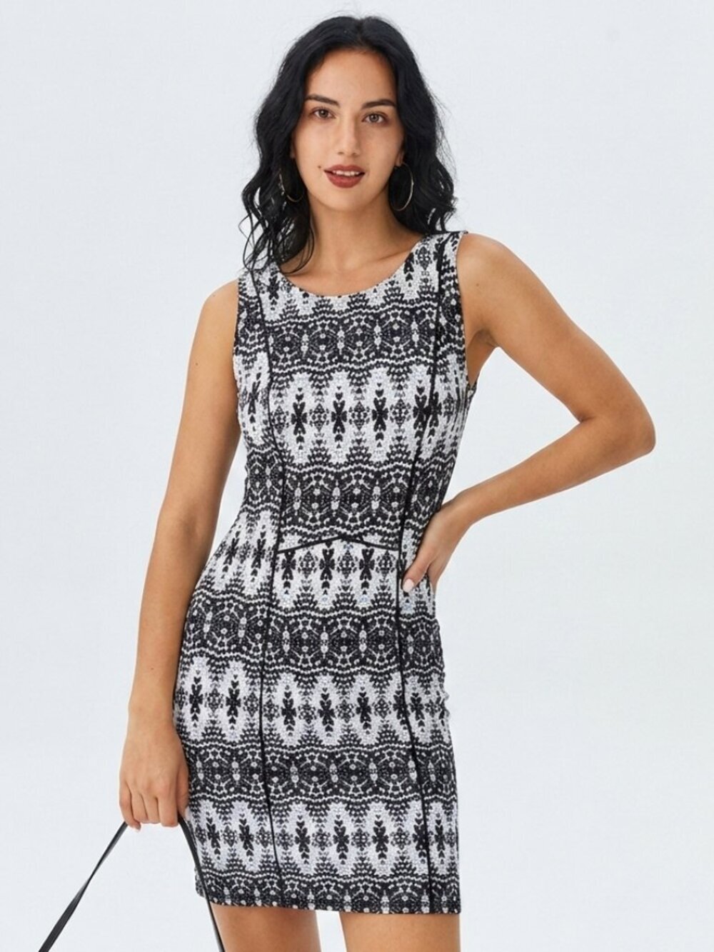 H&M Office Career Black Silver Gray Sleeveless Fitted Sheath Geometric Dress